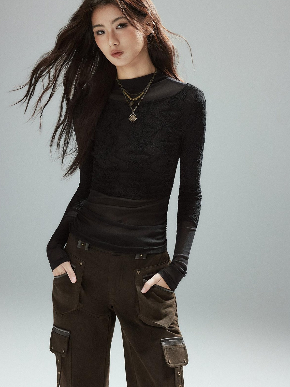 Slim Low Rise Cotton Flare Street Style Zipper Brown Women Cargo Pants