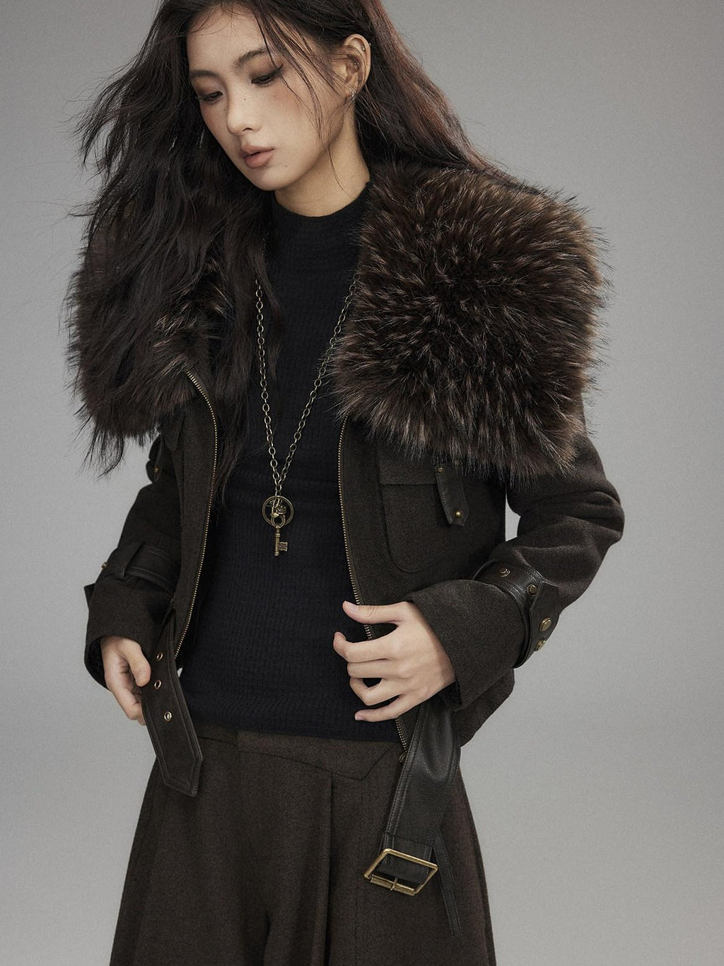 Thick Wool Blend Slim Fit Sexy Lapel Zipper Brown Everyday Women Cropped Jackets