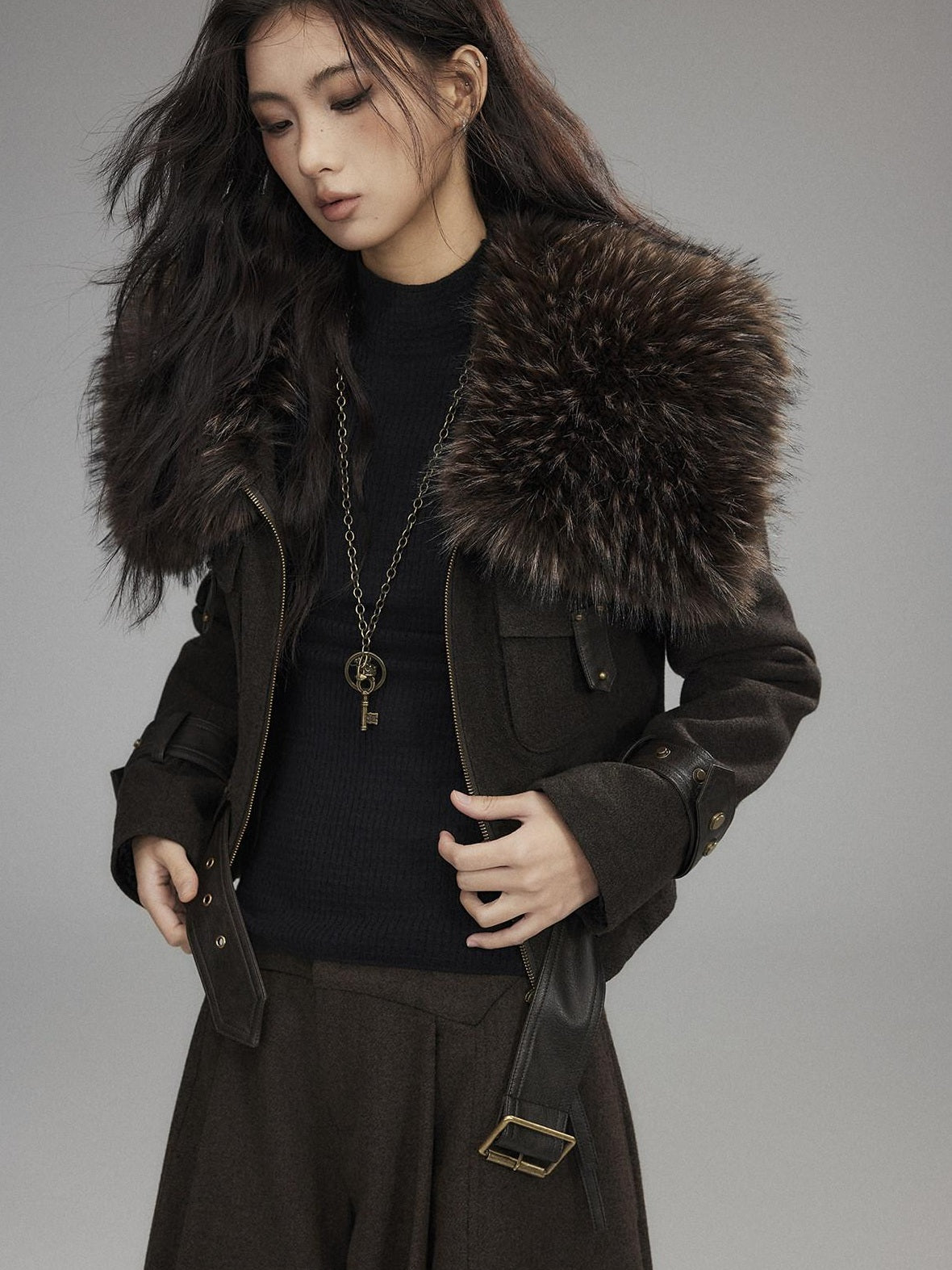 Thick Wool Blend Slim Fit Sexy Lapel Zipper Brown Everyday Women Cropped Jackets