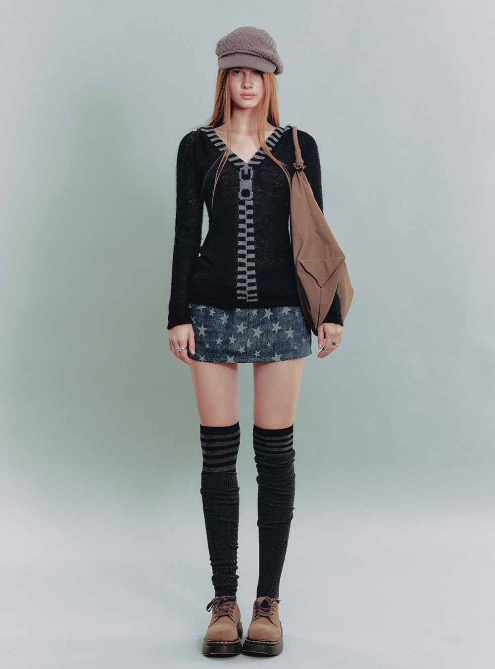 Black Contrast Zip Jacquard Knit Top