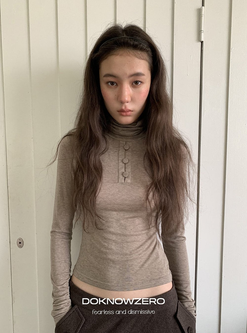 Camel Button Turtleneck Top