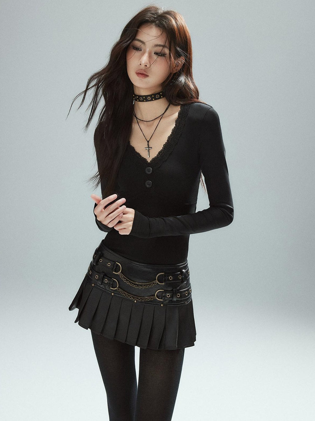 Low Waist Pleated A Line Street Patchwork Chain Zipper Lined Black Mini Skirts