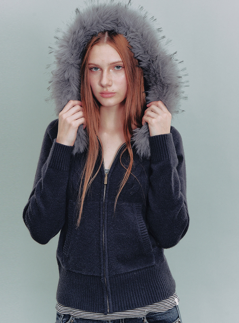 Navy Fur Hooded Zip-Up Knit Jacket