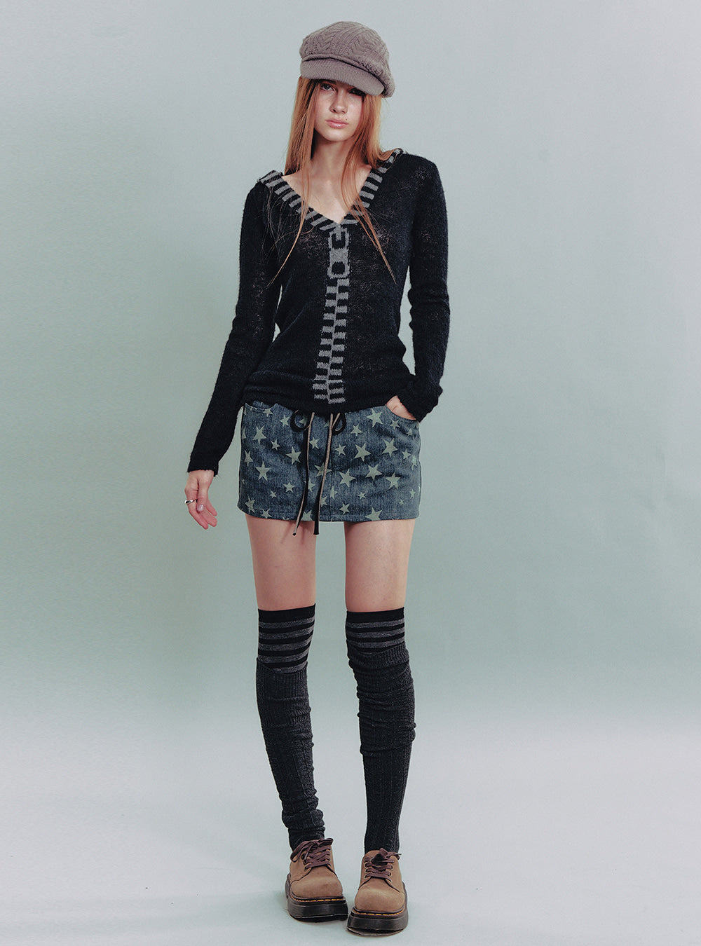 Black Contrast Zip Jacquard Knit Top