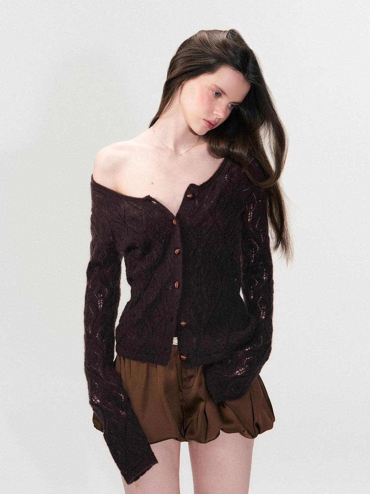 Alpaca Mohair Lightweight Diamond Cropped Button Front Women Knit Cardigans
