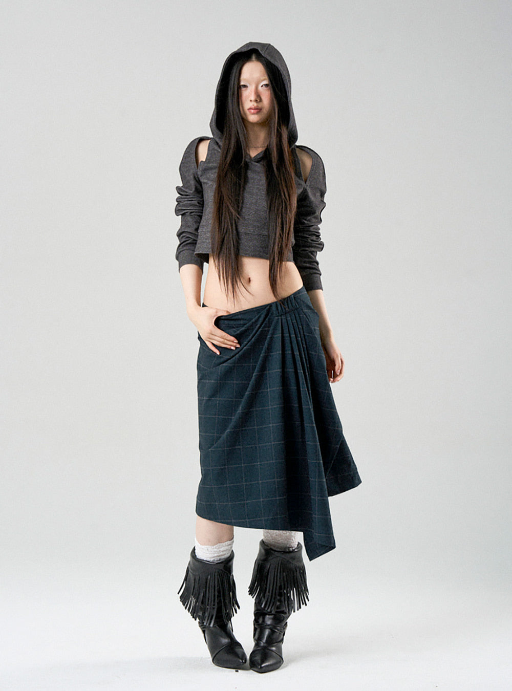 Asymmetric Pleated Plaid Check Skirt