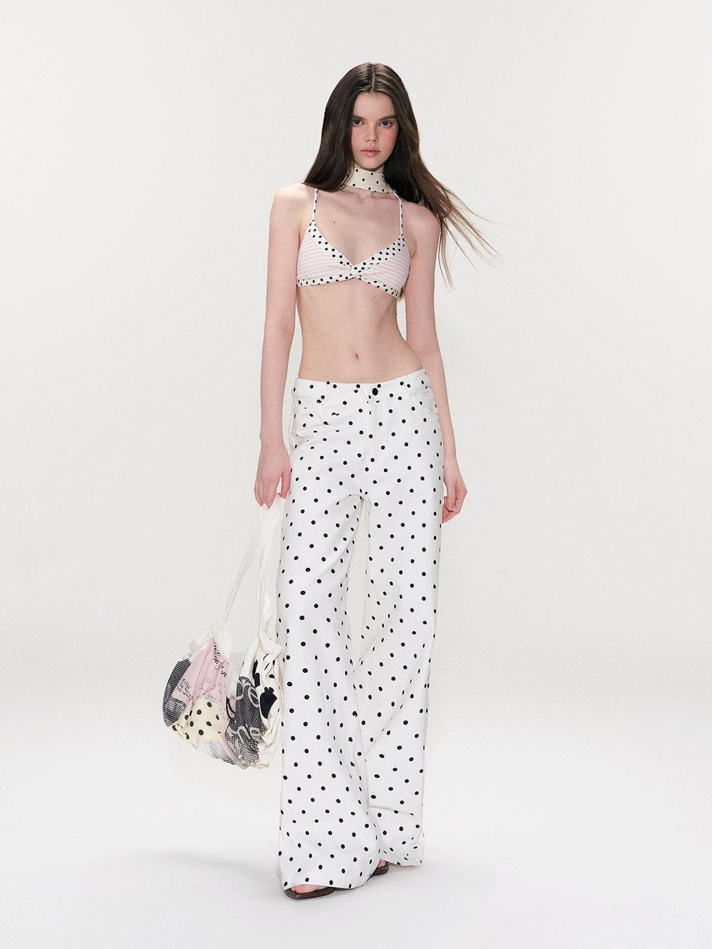 White Polka Dot V Waist Loose Fit Button Fly Women Denim Straight Leg Jeans