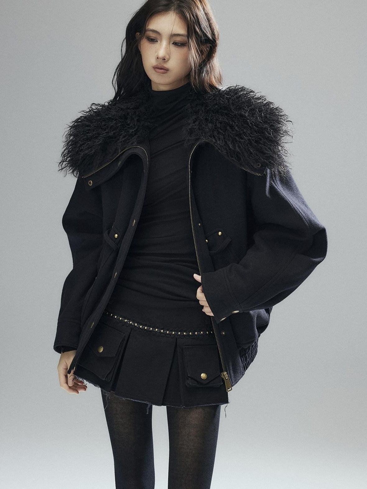 Thick Wool Blend Multi Pocket Loose Fit Sexy Girl Black Zipper Cropped Jackets