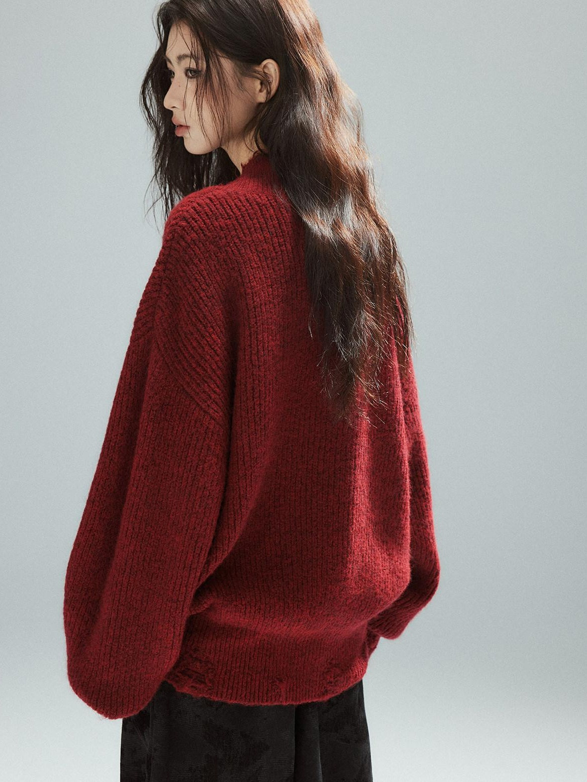 Warm Oversized Street Raw Hem Women V-neck Red Pullover Sweaters