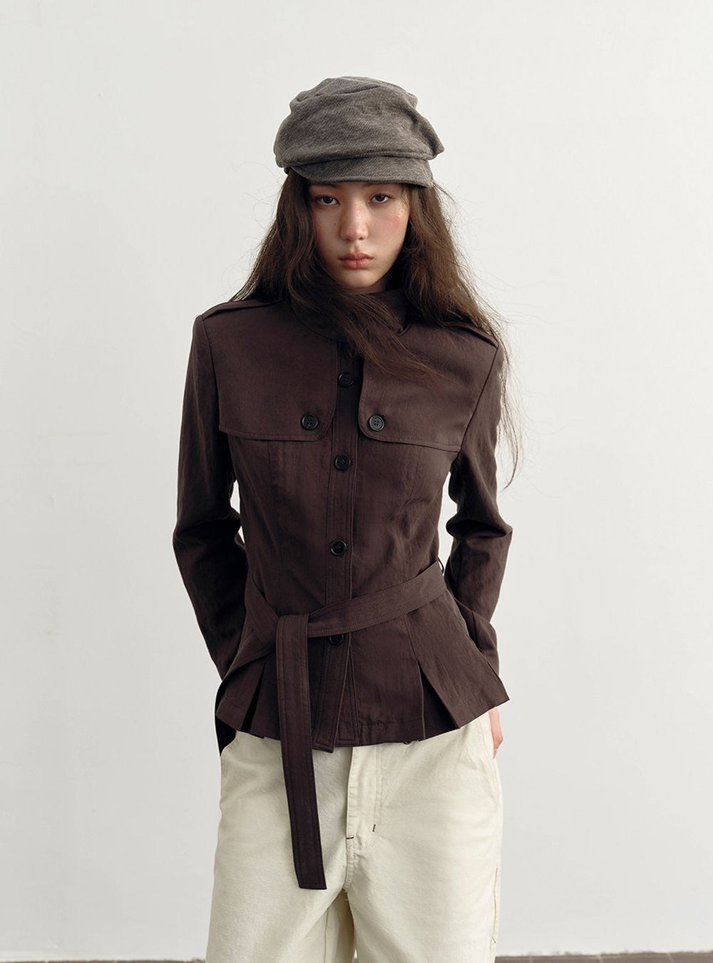 Chestnut Belted Stand Collar Jacket