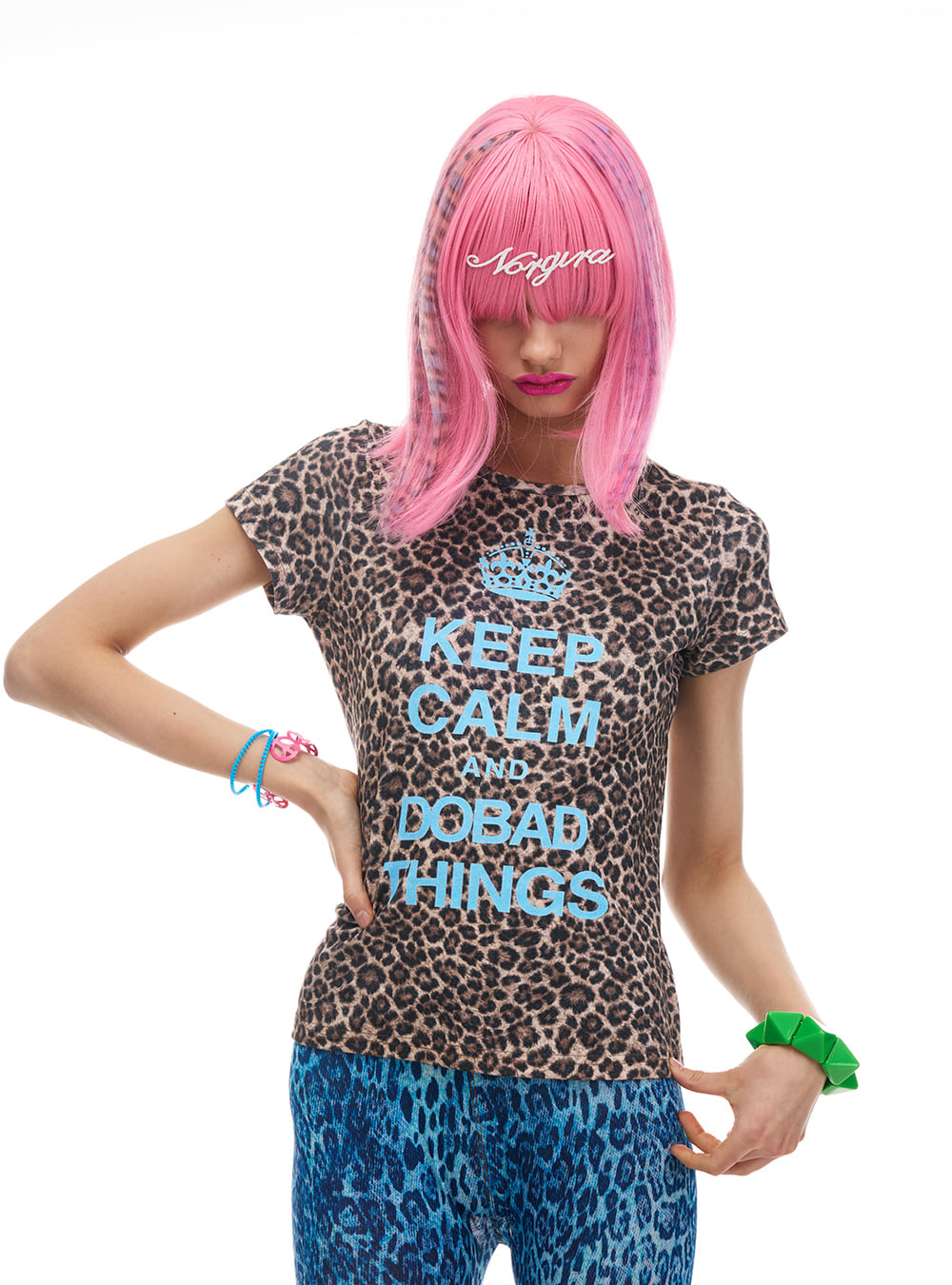 Blue Crown Leopard Slogan Top