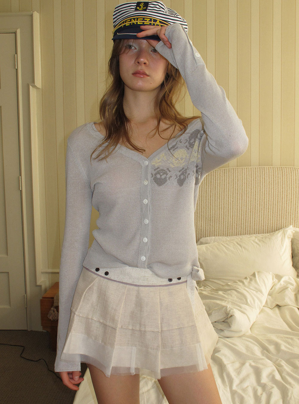 Muted Grey Skull Jacquard Cardigan