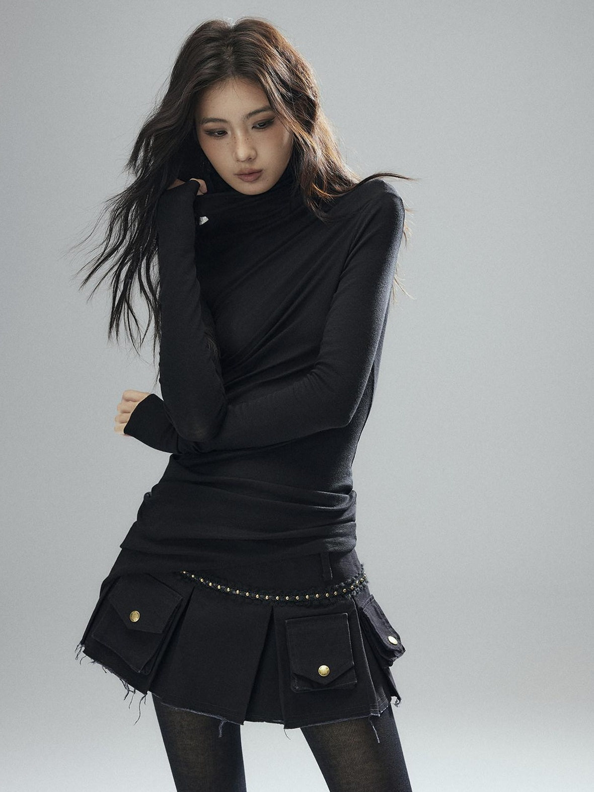 100% Cotton Low Waist Pleated A Line Sexy Women Daily Black Mini Skirts