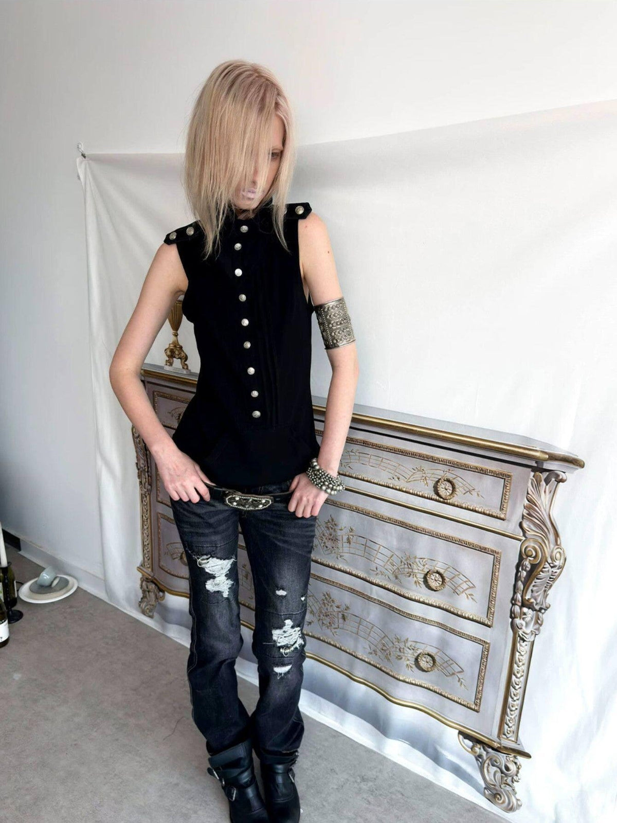 Metal Button Epaulet Convertible Half High Neck Women'S Cotton Blend Tank Tops