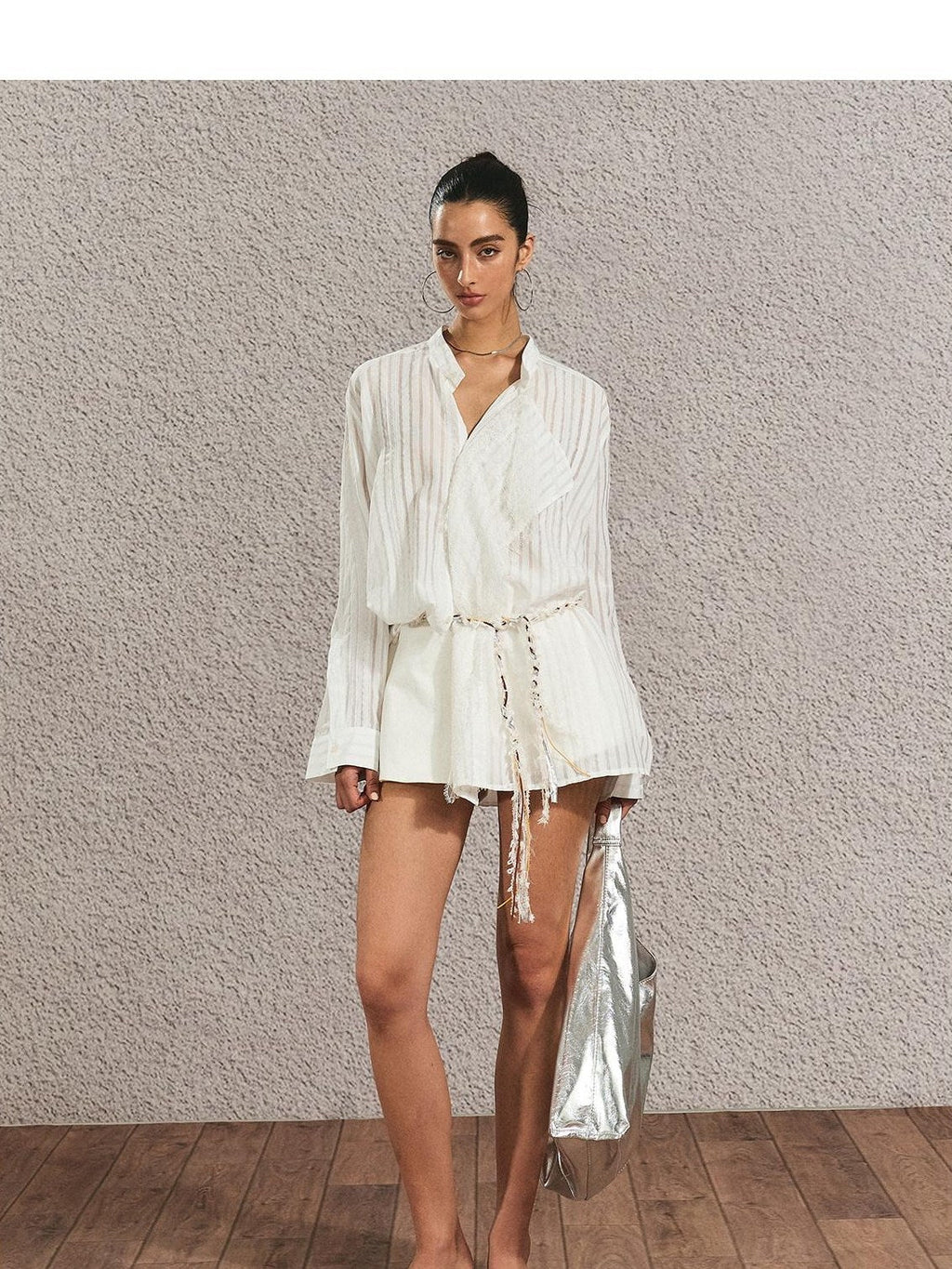 Breathable French Slim Button Stripe Open Cardigan Waist Tie Women Shirts
