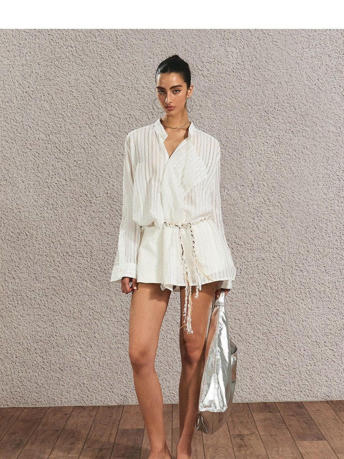 Breathable French Slim Button Stripe Open Cardigan Waist Tie Women Shirts