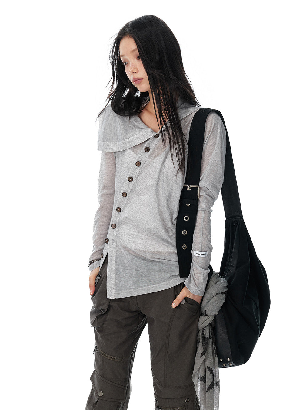 Button Draped Long Sleeve Top (2color)