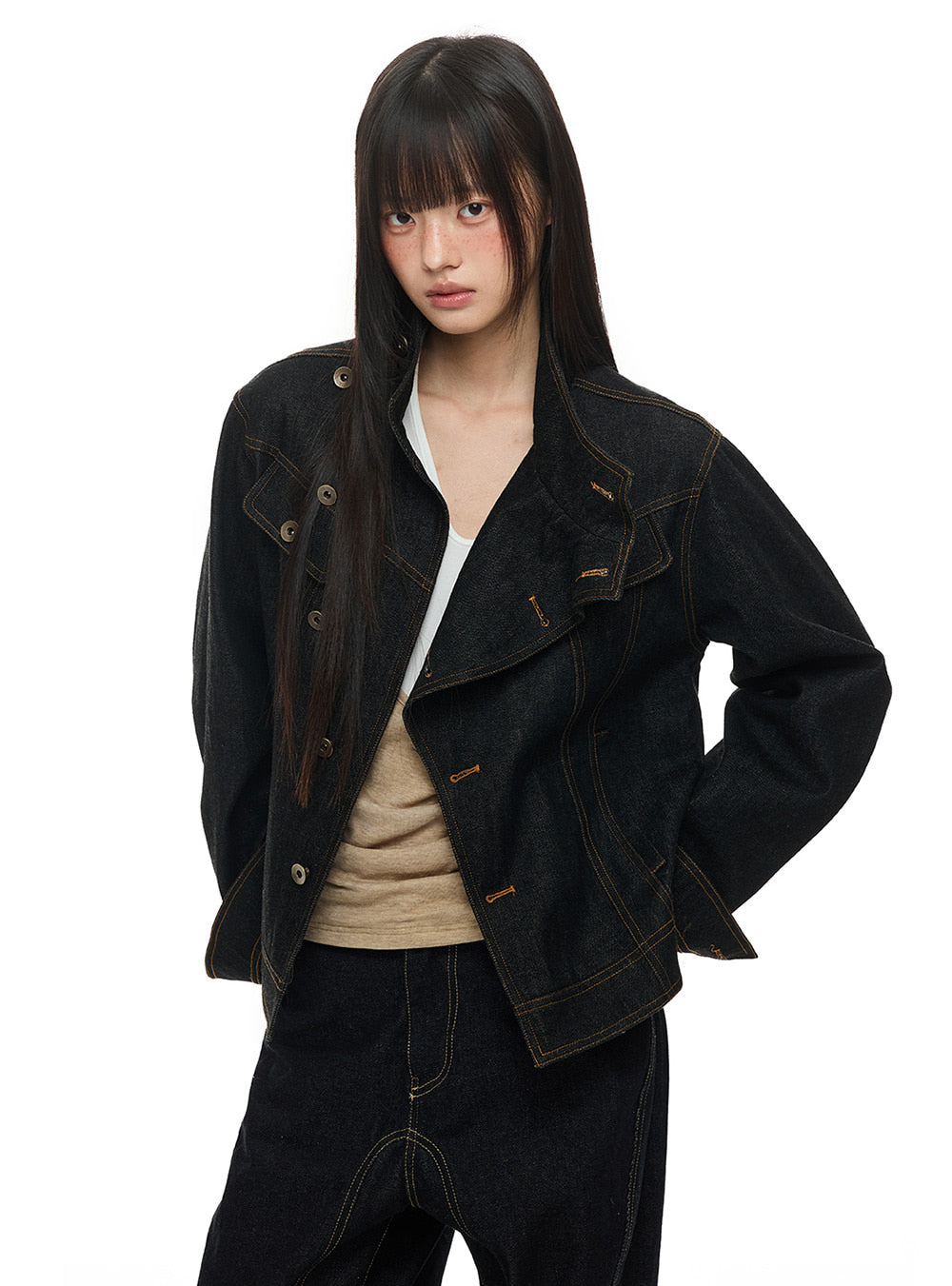 Unbalanced Collar Stitch Denim Jacket