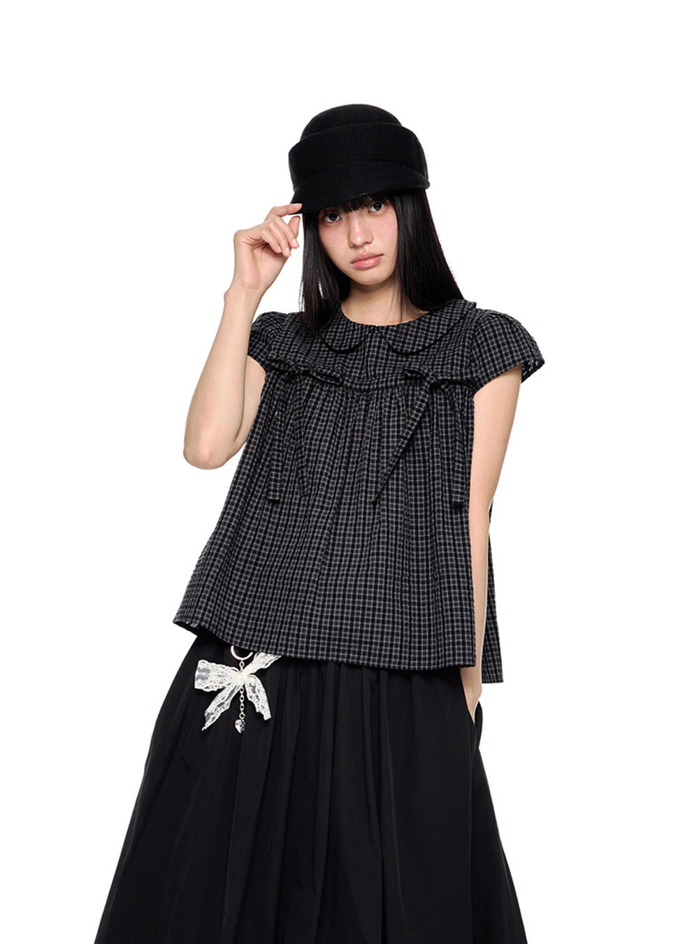 Petal Doll Check Ribbon Blouse Top