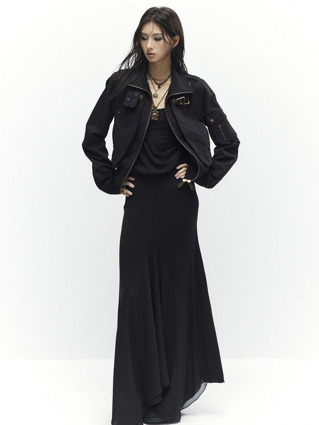 Plush Lined Waist Cinch Dark Goth Slim Fit Women Zip High Collar Cropped Jackets