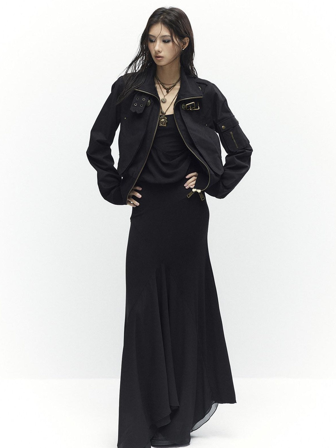 Plush Lined Waist Cinch Dark Goth Slim Fit Women Zip High Collar Cropped Jackets