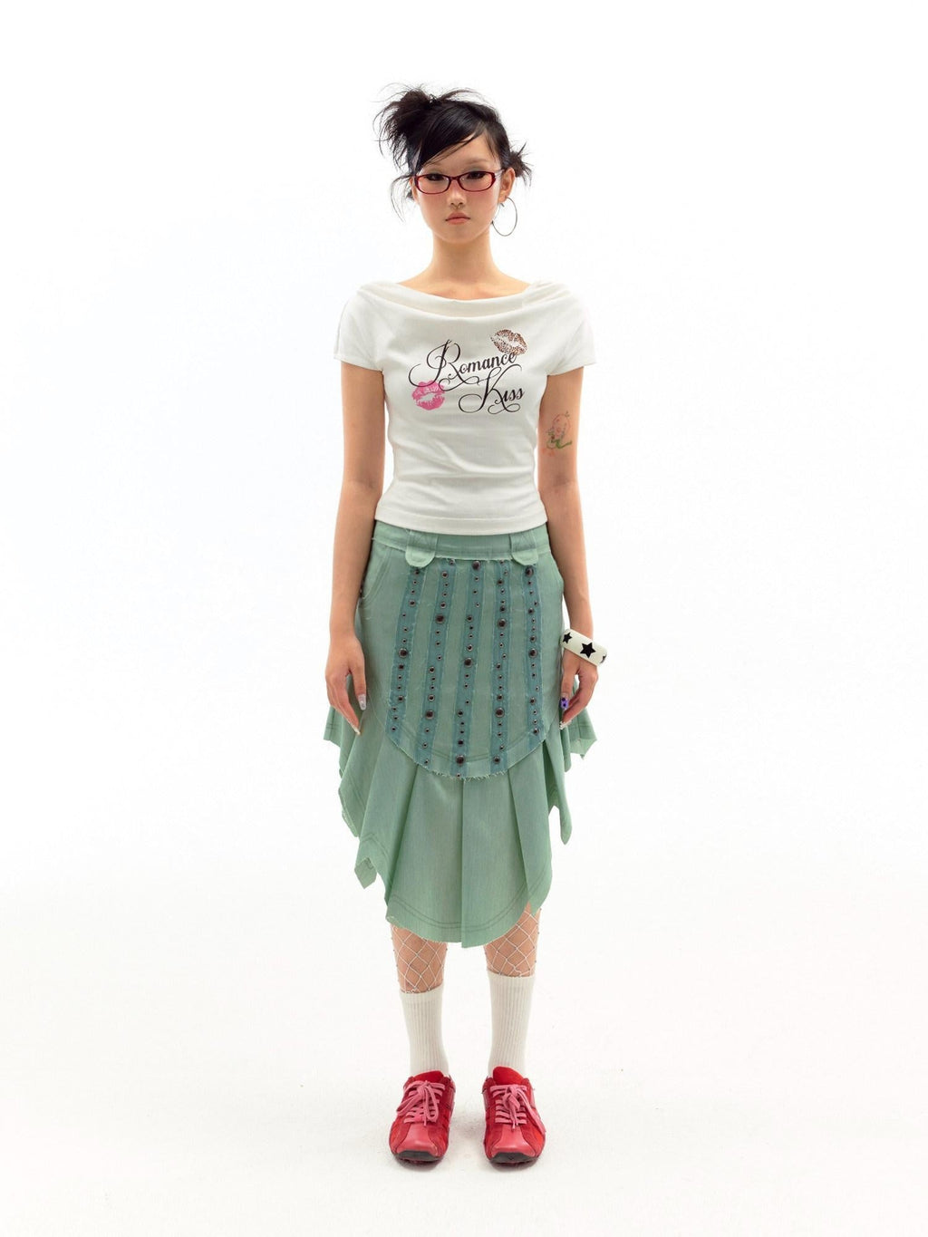 Beaded Distressed Chinese Mid Waist Irregular Hem Dark Green Zipper Midi Skirts