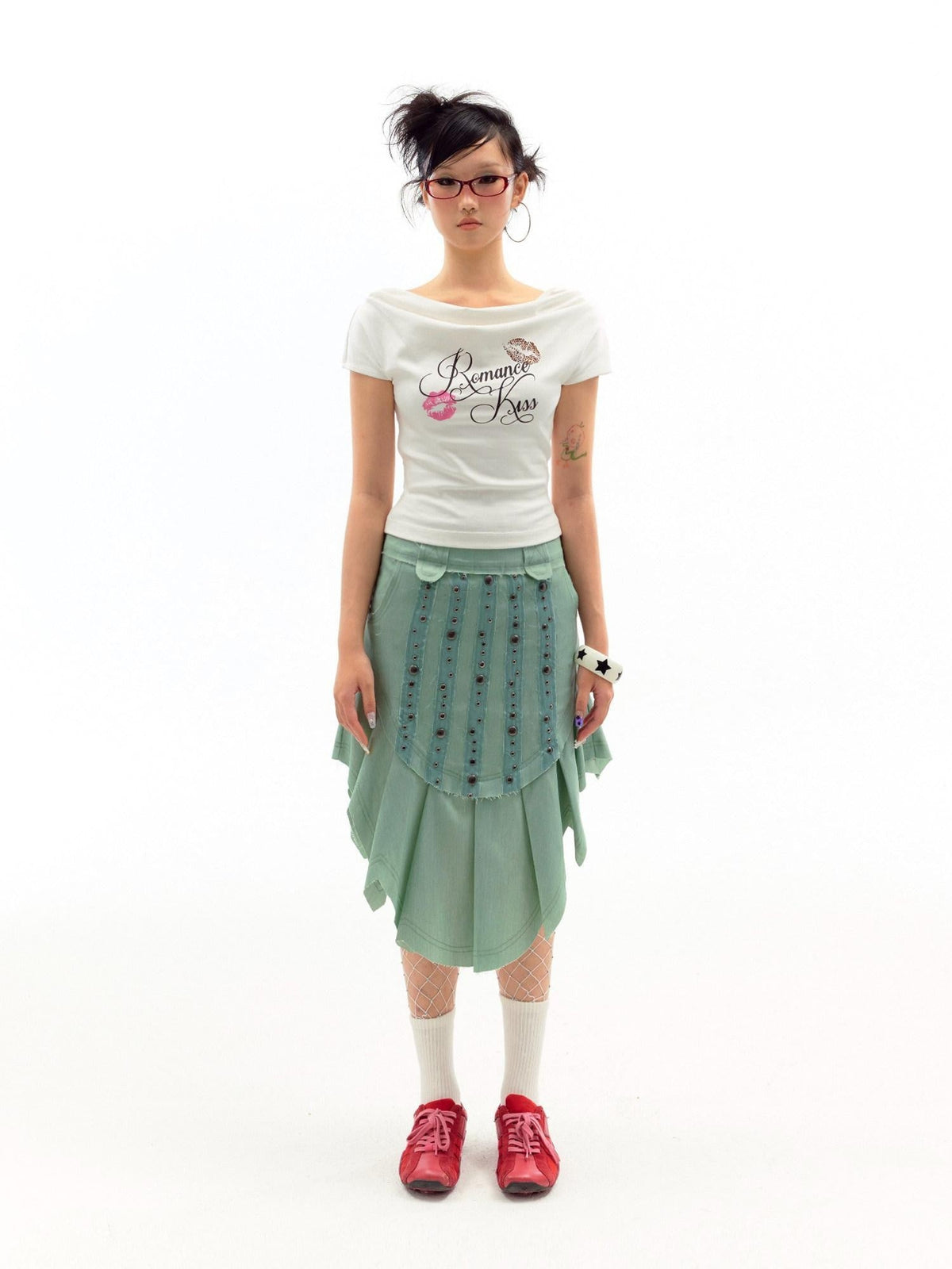 Beaded Distressed Chinese Mid Waist Irregular Hem Dark Green Zipper Midi Skirts