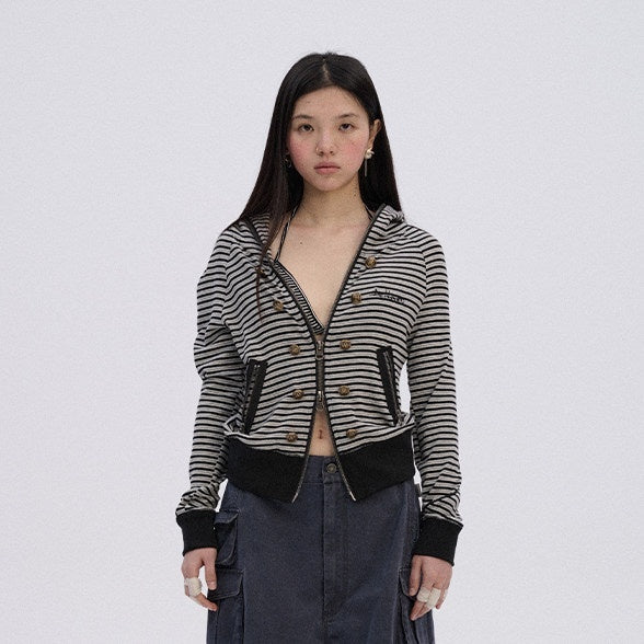 Soft Stretch Cotton Striped Cropped Hooded Zip Up Straight Fit Women Hoodies