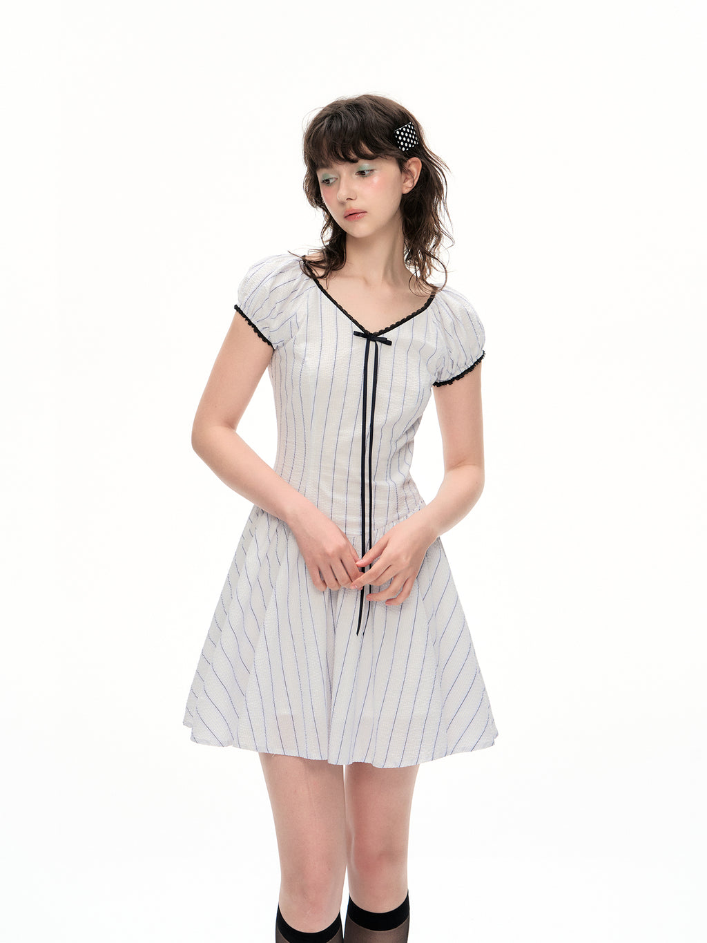 Romance Nanci Ribbon Lace Stripe Short Sleeve Dress