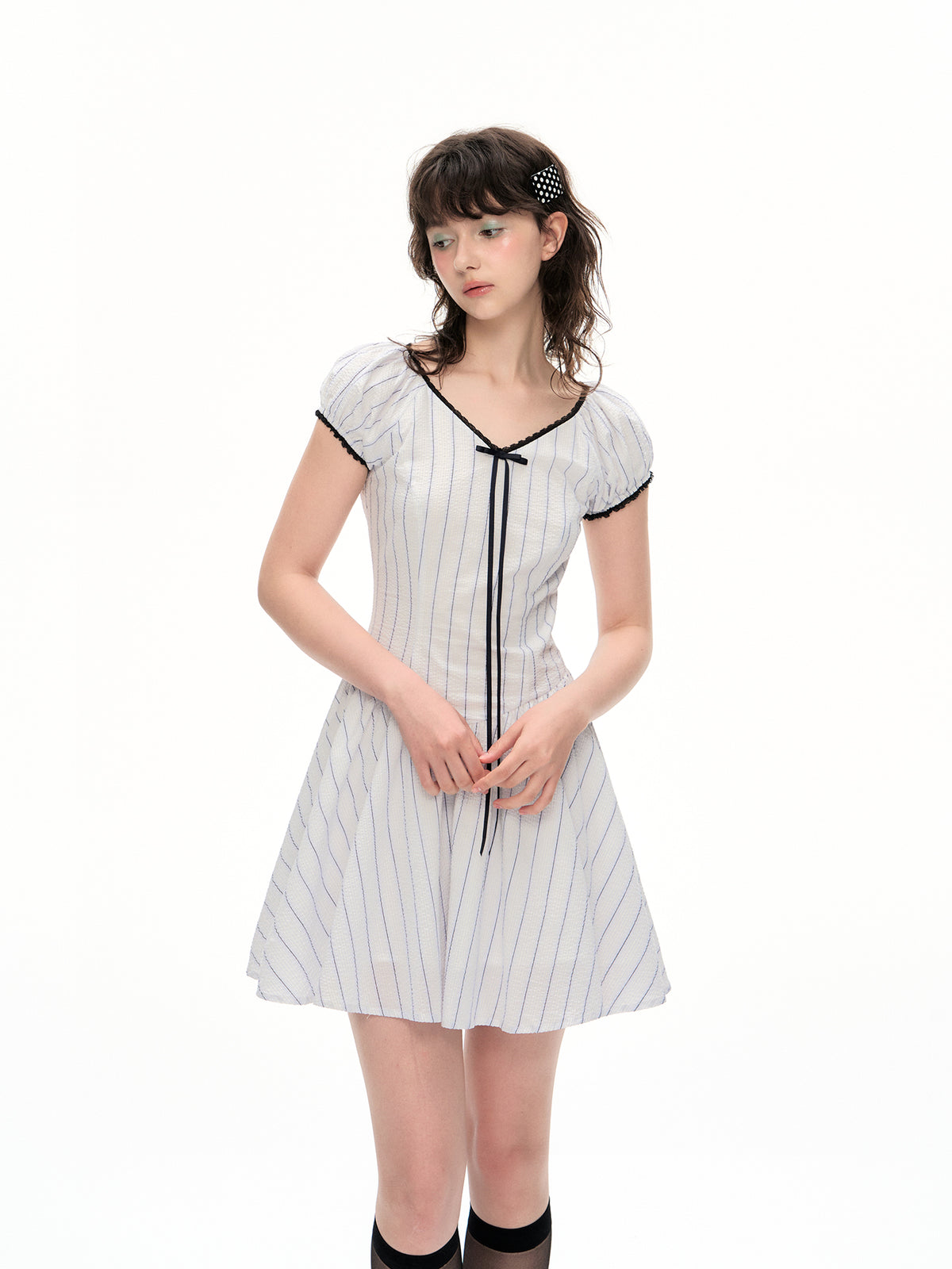 Romance Nanci Ribbon Lace Stripe Short Sleeve Dress