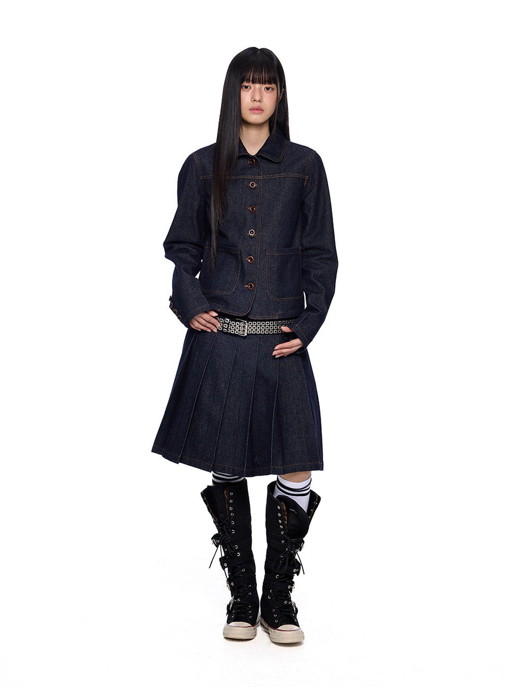 Side Button Pleated Denim Midi Skirt