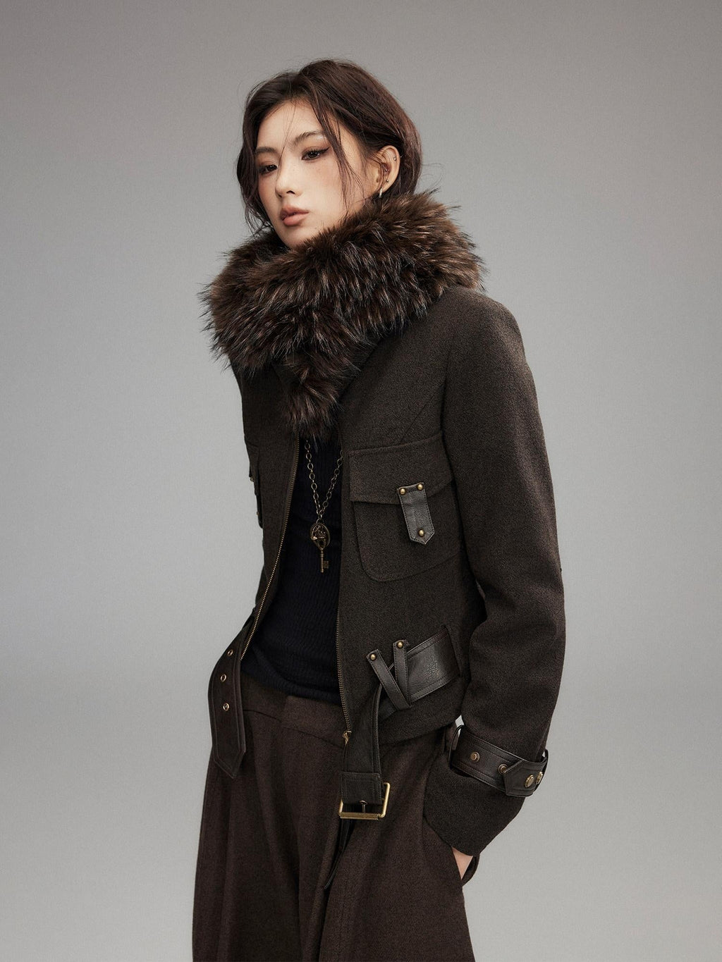 Thick Wool Blend Slim Fit Sexy Lapel Zipper Brown Everyday Women Cropped Jackets