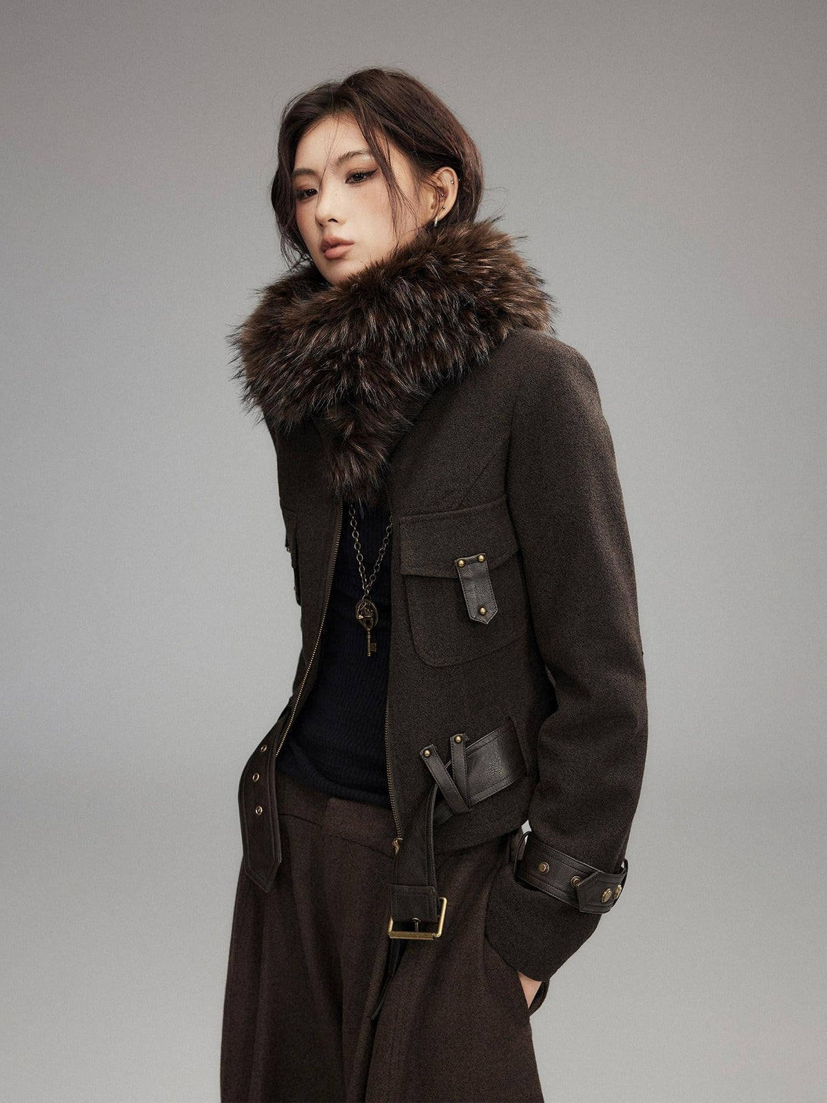 Thick Wool Blend Slim Fit Sexy Lapel Zipper Brown Everyday Women Cropped Jackets