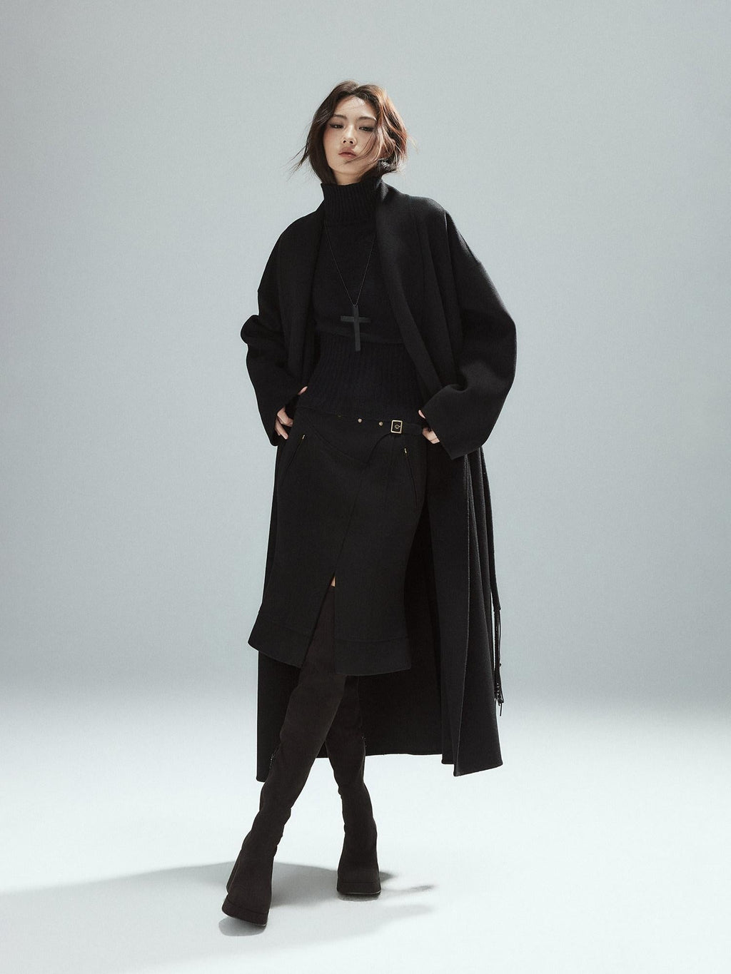 Wool Blend Lined Patchwork Hline Slim Low Waist Black Side Zip Midi Skirts