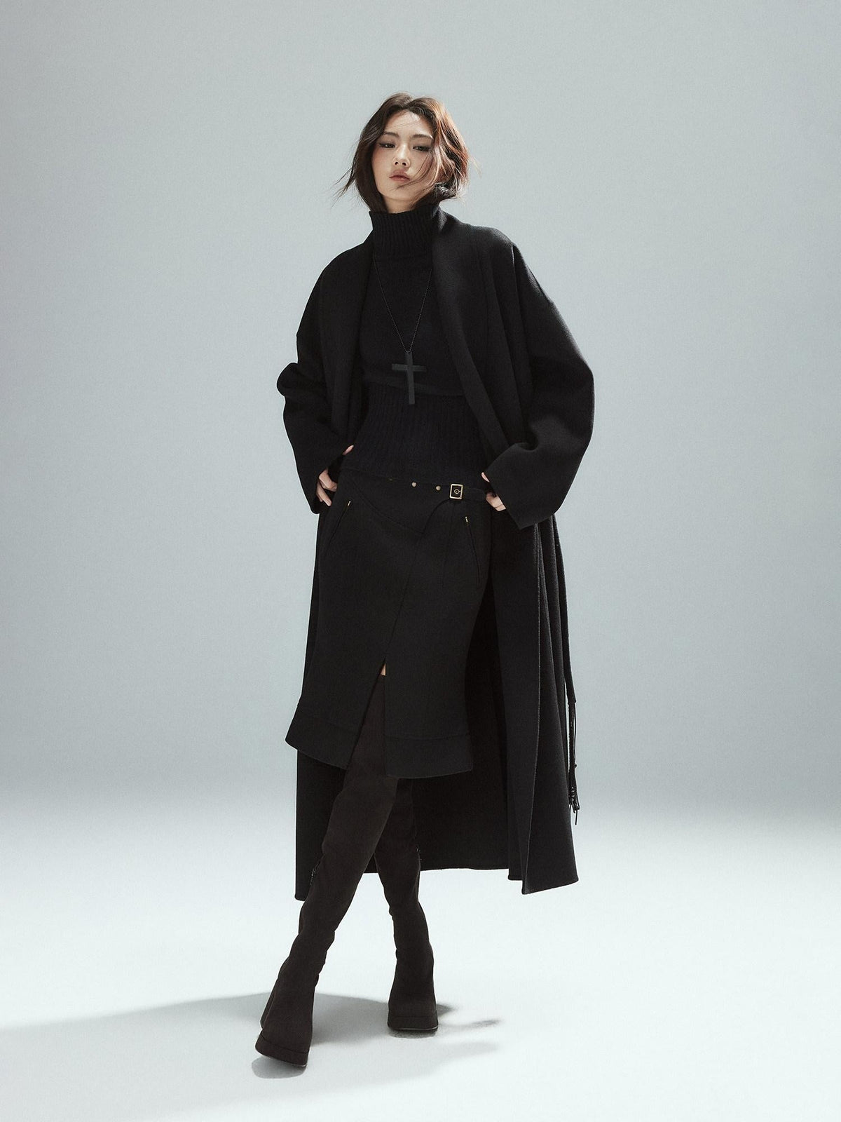 Wool Blend Lined Patchwork Hline Slim Low Waist Black Side Zip Midi Skirts