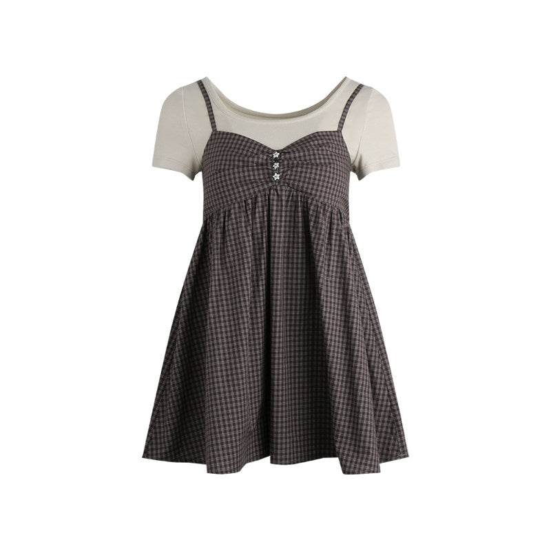 Star Button Check Layered Dress (2color)