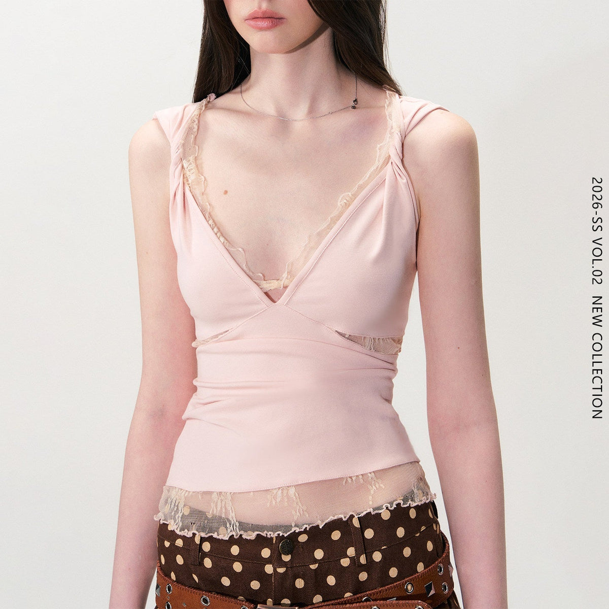 Soft Lace Slim Fit V-neck Stretch Cotton Tencel Women Pink Camisoles