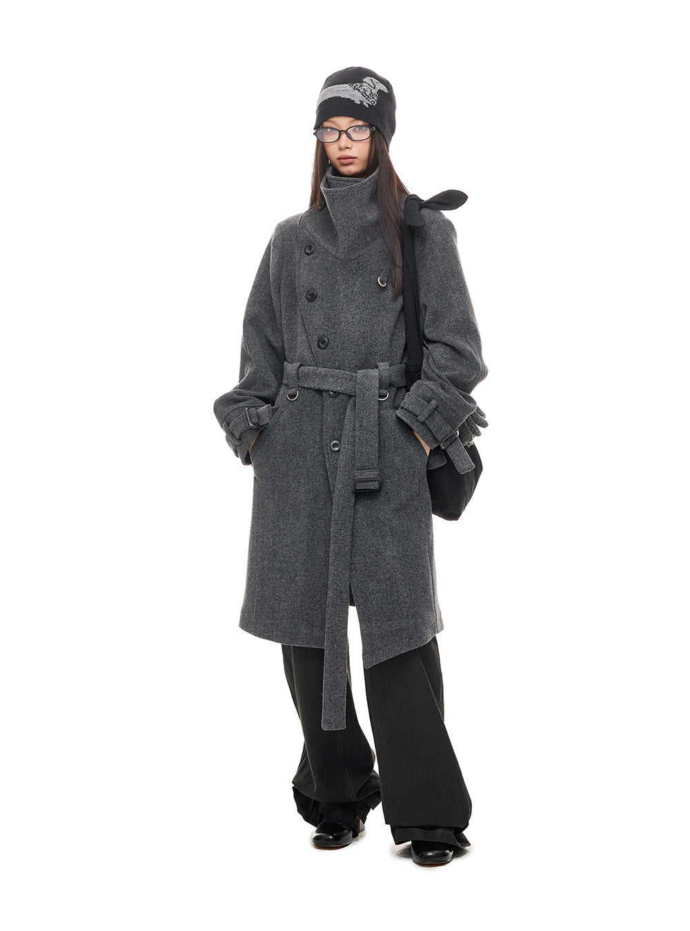 Gray Asymmetric Stand Collar Wool Coat