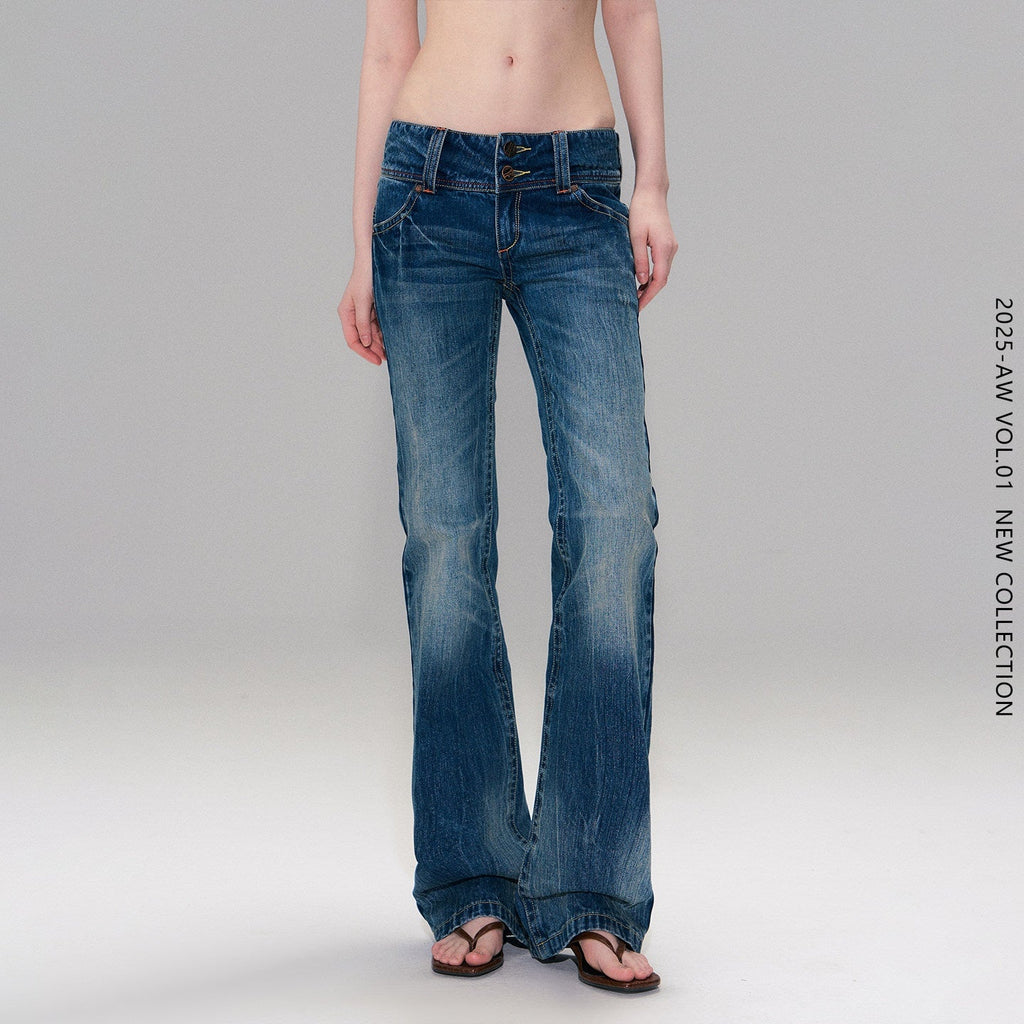 Slight Stretch Low Rise Slim Cotton Casual Women Deep Blue Straight Leg Jeans