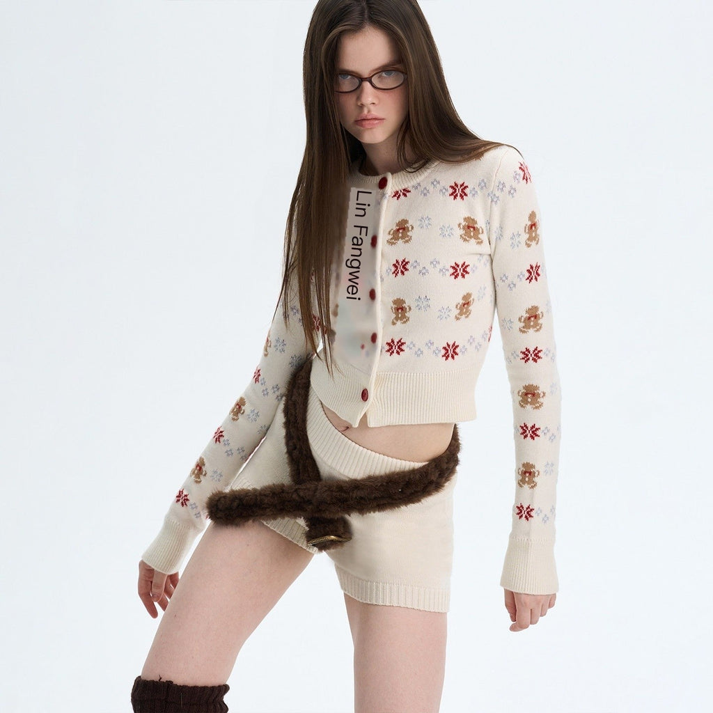 Cashmere Blend Bear Jacquard Cute Slim Cropped Crewneck Knitwear Cardigans