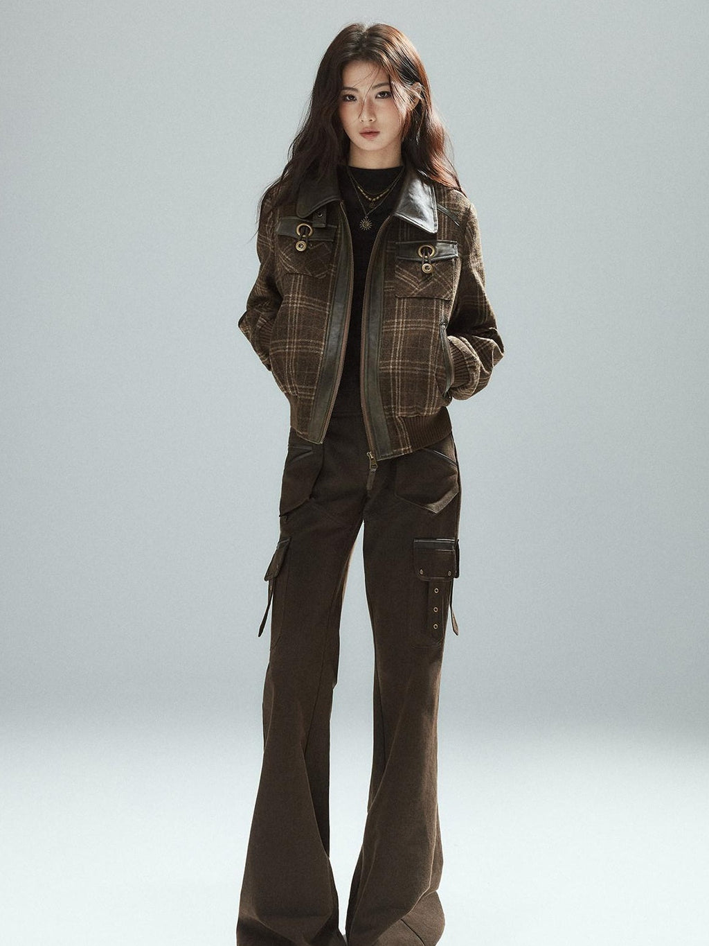 Slim Low Rise Cotton Flare Street Style Zipper Brown Women Cargo Pants