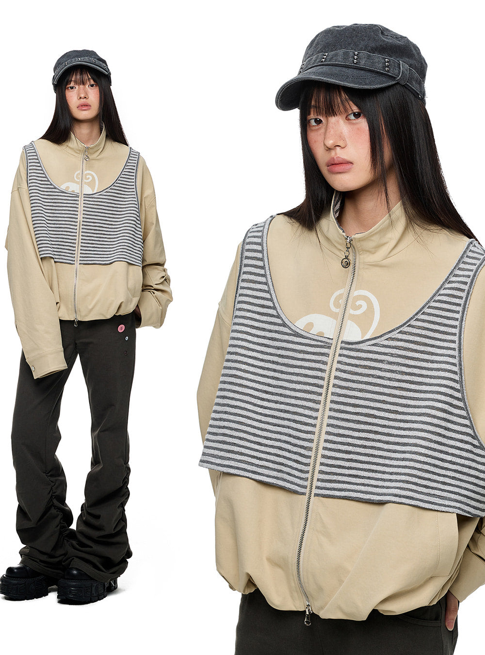 Colorblock Layered Knit Stripe Zip Jacket