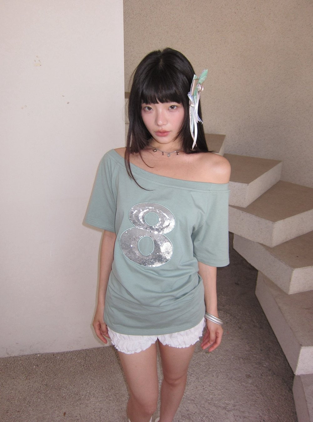 Mint Sequin Off Shoulder Top