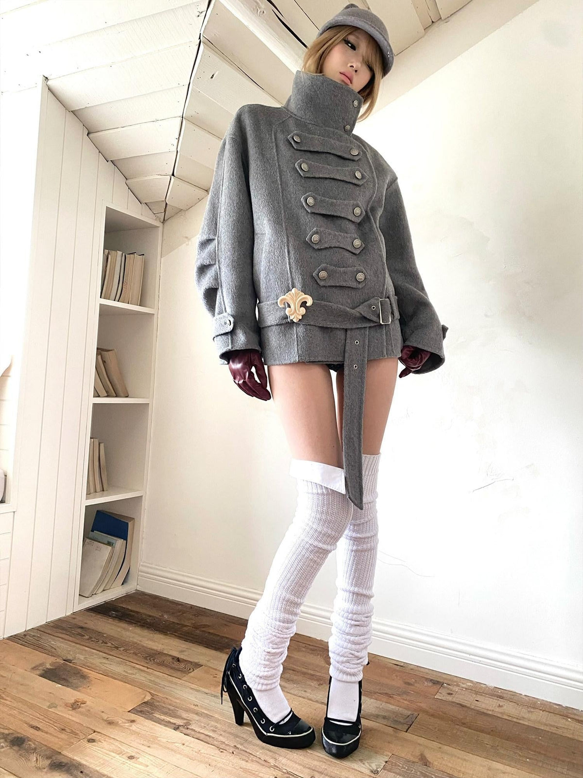 Warm Wool Blend Pleated Biker Collar Unisex Double Breasted Cropped Wool Coats