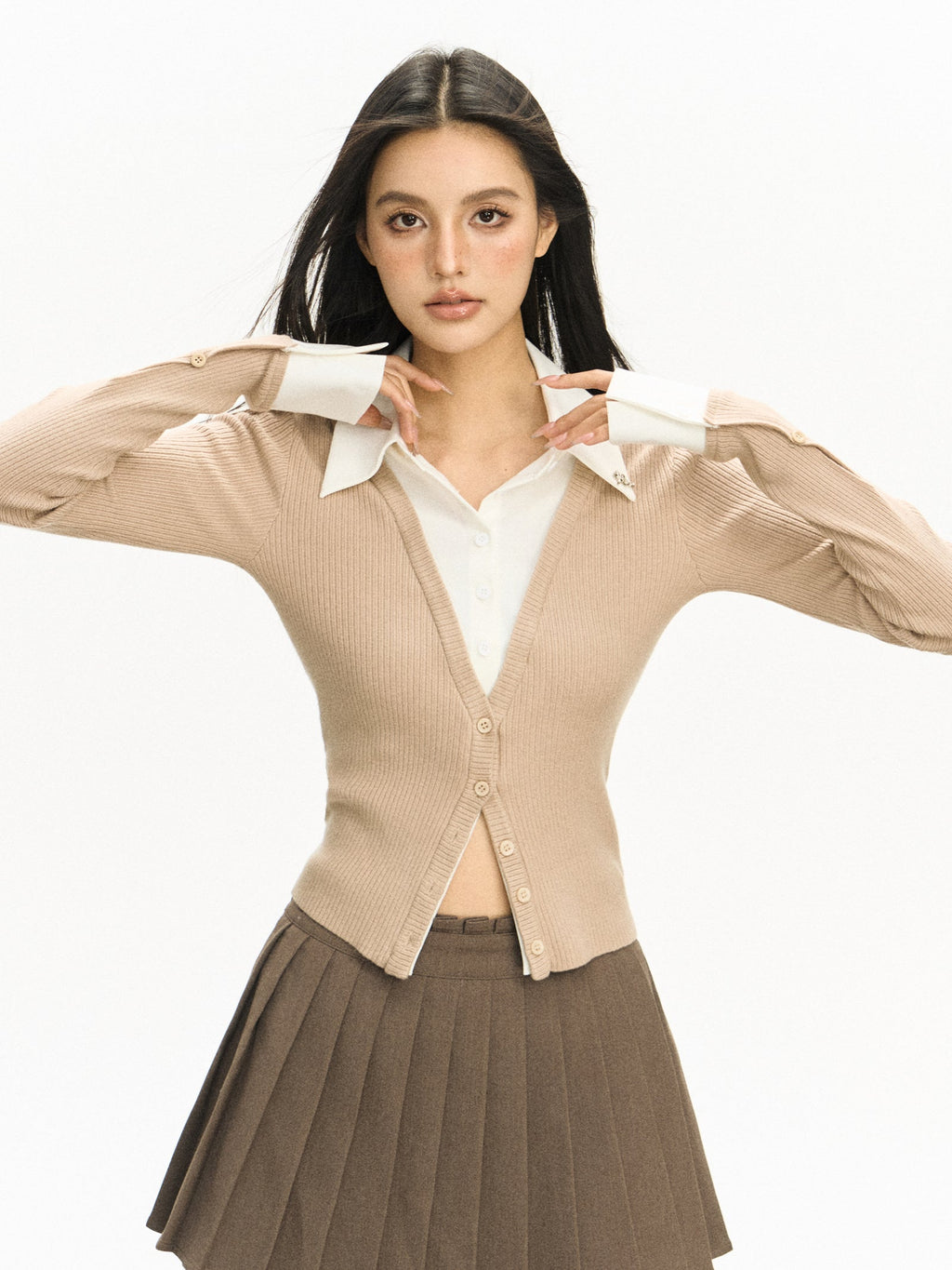 Classic Mock Two-Piece Ribbed V-neck Cardigan