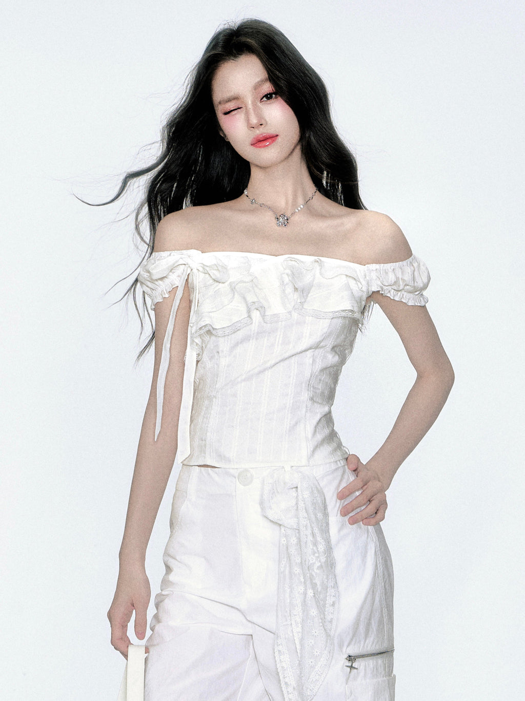 Two-Way Shoulder Ruffled Top With Stripe Embroidery