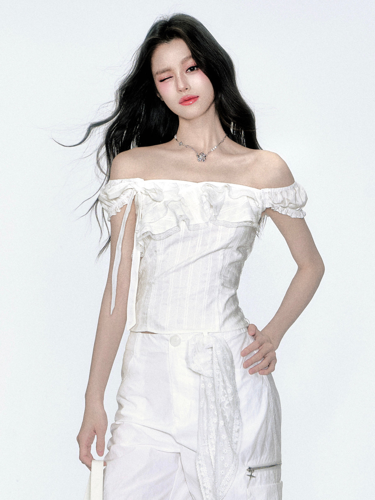 Two-Way Shoulder Ruffled Top With Stripe Embroidery