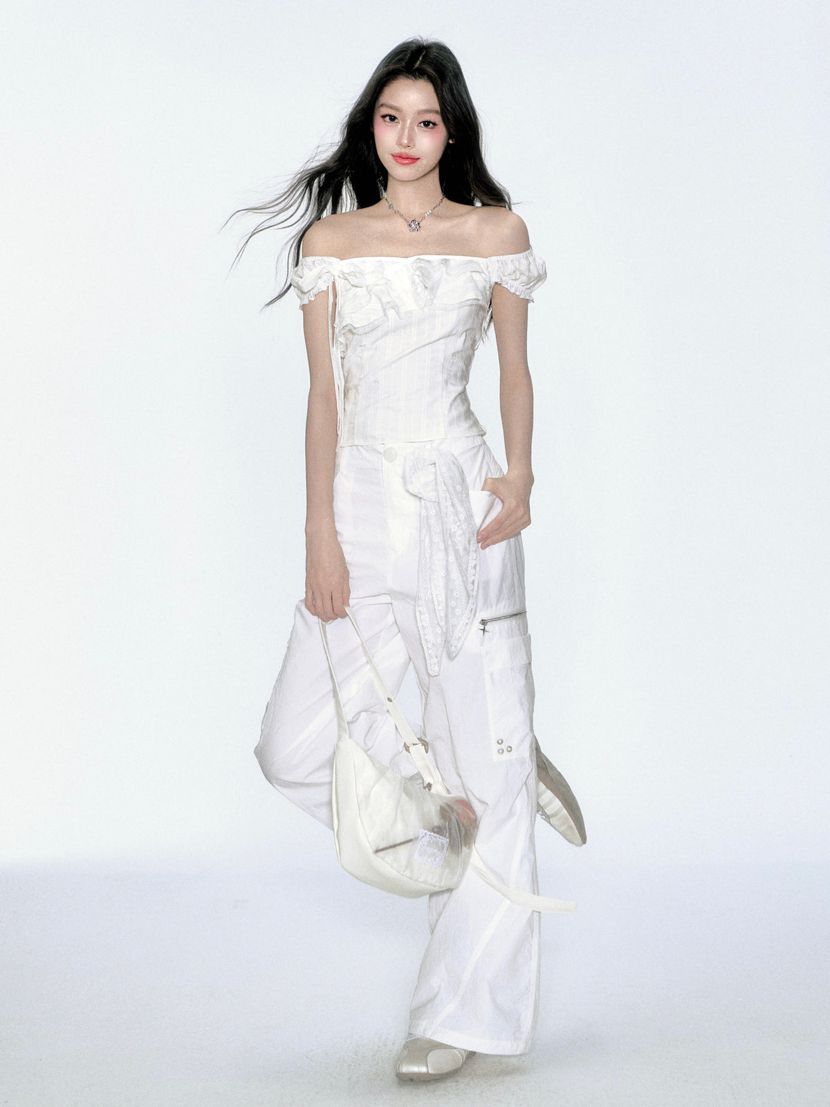 Two-Way Shoulder Ruffled Top With Stripe Embroidery