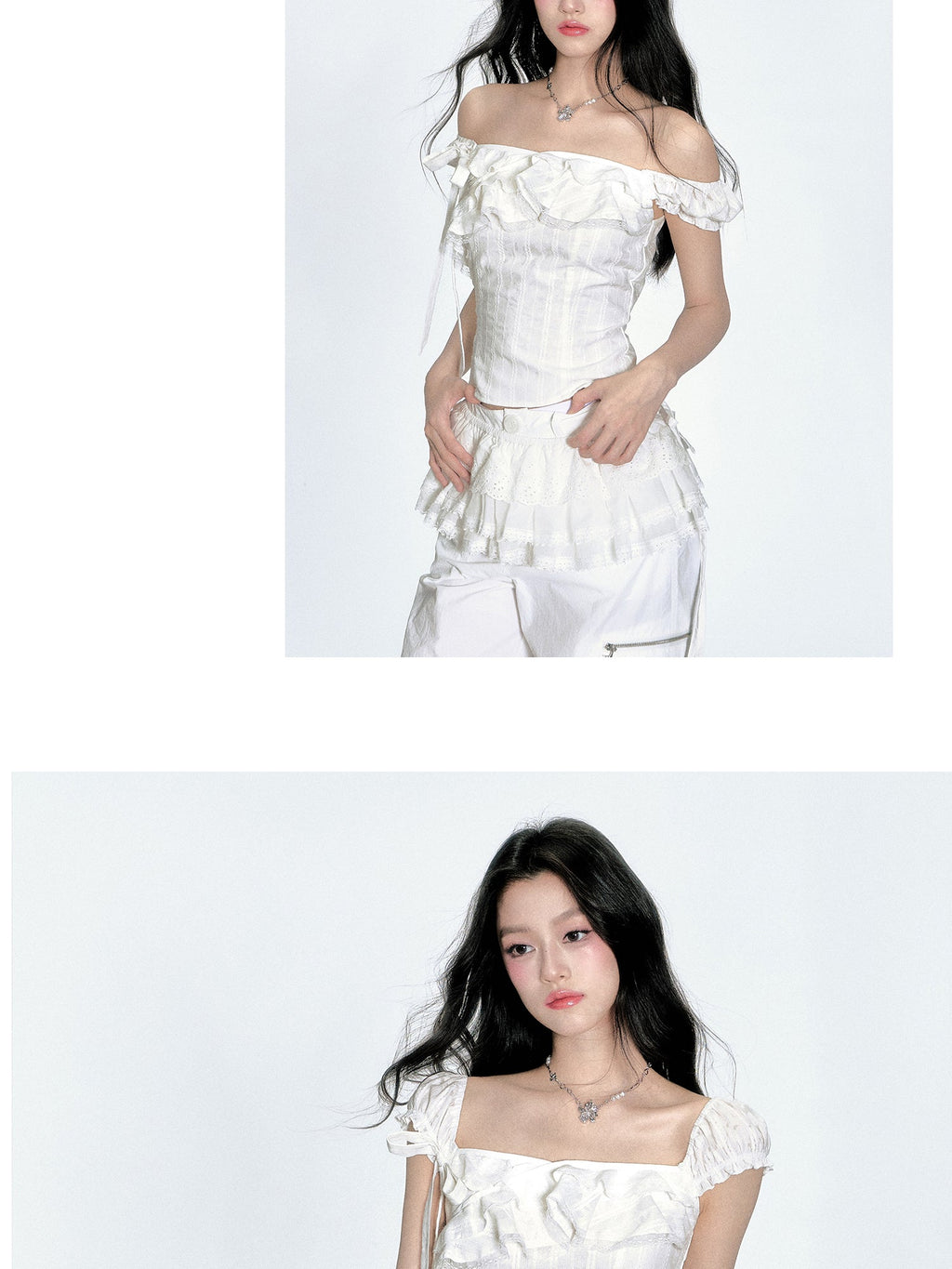 Two-Way Shoulder Ruffled Top With Stripe Embroidery