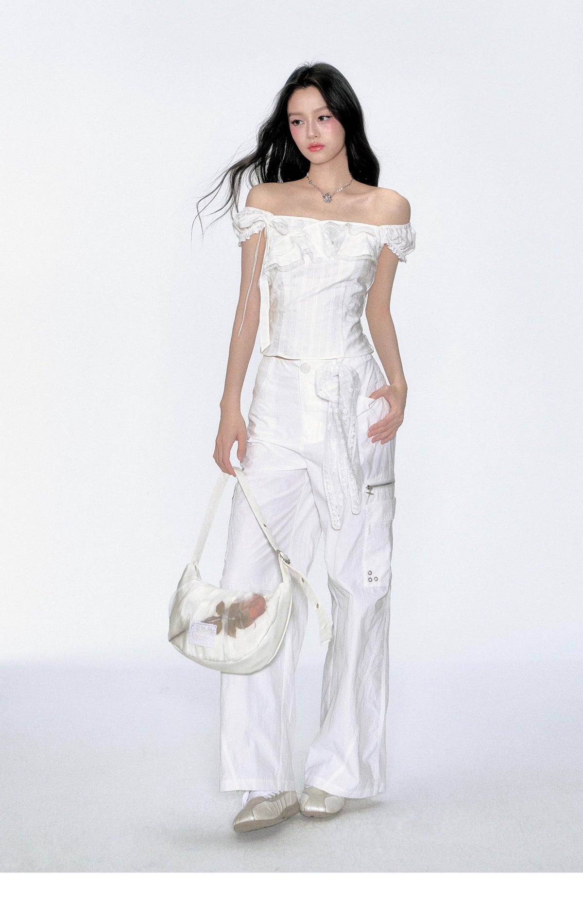 Two-Way Shoulder Ruffled Top With Stripe Embroidery